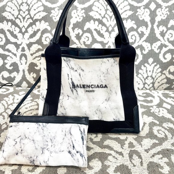 BALENCIAGA Navy Cabas Small Black White Marble Print Tote Bag with Zip Pouch - Picture 5 of 10